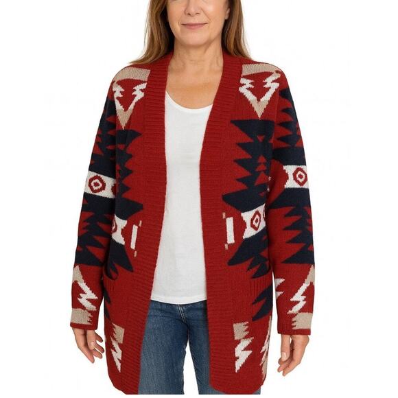 Cardigan sweater Aztec open front deep red front pockets SZ M soft western style - Picture 1 of 6